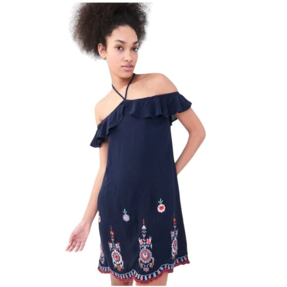 Aeropostale Floral Embroidered Halter Dress Ruffle Neck Gauze Boho Navy Size S - Picture 1 of 12